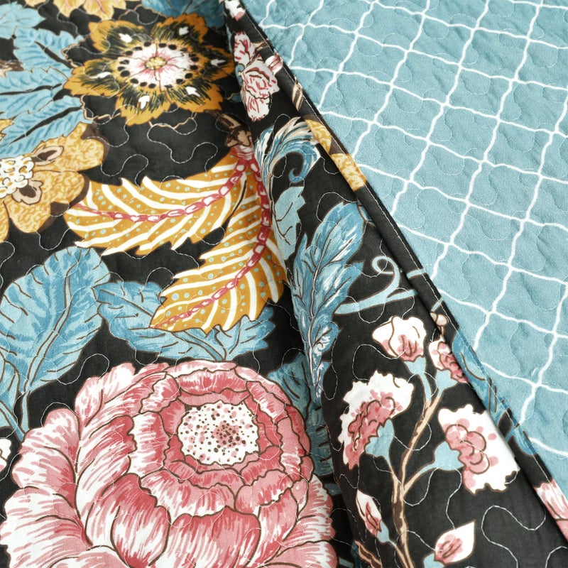 Lush Decor Sydney Reversible Cotton Quilt Set, 3 Piece Set, Full/ Queen, Black & Blue - Cotton Bedding Set - Black Floral Quilt - Cottage Decor - Bedding Queen Size - Image 4